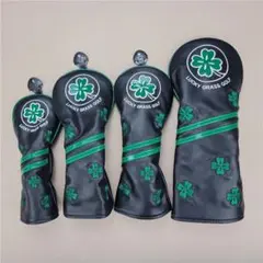 【新品4点セット】幸運クローバーゴルフクラブカバー ヘッドカバー 黒色