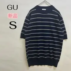 GU ボーダー クルーネックセーター 半袖 S ネイビー 紺 新品 タグ付き