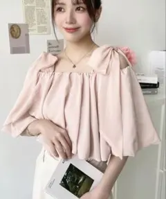 ピンクオフショルダーリボンブラウス Lサイズ