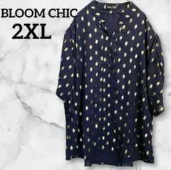 美品✨BLOOM CHIC 【2XL】ネイビー ドット 五分袖シャツブラウス
