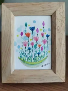 月の皿に咲く花　水彩画　イラスト　原画　7.8✕9.8cm額縁付