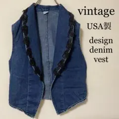 超希少デザイン!vintage USA製 刺繍 デザインデニムベスト インディゴ