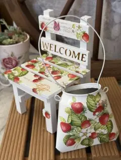 フラワースタンドチェアータイプ&リメ缶set※花台※ガーデン雑貨※デコパージュ苺