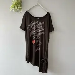 スカラー［M］美品　バンビ　薄手なめらか素材　ラメ加工リボン　半袖長め丈Tシャツ