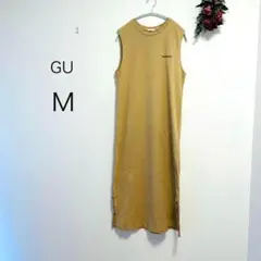 △2538【GU】IラインTシャツロングワンピース(M)ノースリーブ　刺繍