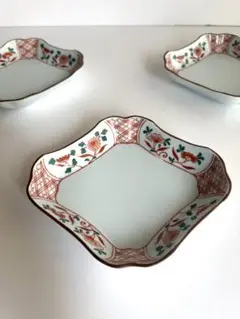 有田焼 哲山作 菱形皿 角皿3枚セット 赤絵 美品