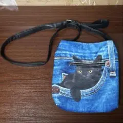 レディース 黒猫 デニム ショルダーバッグ クロスボディバッグ ブルー 未使用品