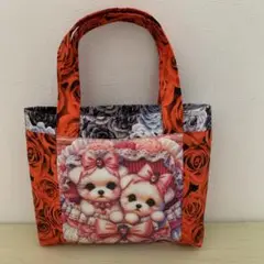 【SALE】ミニトートバッグ　お散歩バッグ　マルチーズ柄　バラ柄