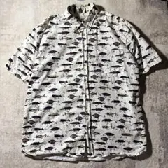90s 釣り柄 シャツ ルアー柄 アメリカン 半袖 総柄 2XL