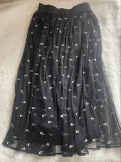 花柄刺繍 黒 チュールロングスカート Mサイズ