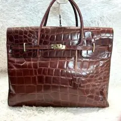 美品　クロコ型押し　ハンドバッグ　レザー　ブラウン