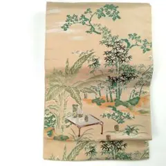 【極アンティーク】名古屋帯 お太鼓柄 風景画文様 銀糸 正絹 薄茶色 ブラウン