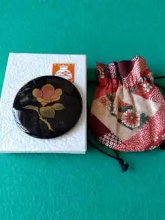 漆器のアソベ 京都◆コンパクトミラー◆ミニ手鏡 巾着付 （未使用）◆日本土産