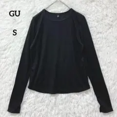 GU ジーユー ソフトリブクルーネックT 長袖 ブラック S 袖口スリット