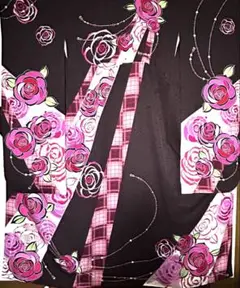 【振袖】身丈160cm 焦茶×ピンク薔薇柄 ラインストーンがキラキラ