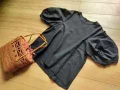 未使用★アーバンリサーチロッソ★黒地袖ボリューム麻混デザイントップス！