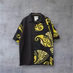 MakaniHawaiiアロハシャツSブラック×イエロー トライバル柄開襟シャツ
