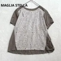 美品✨v88 MAGLIA STELLA 花柄切替デザイントップス 半袖ブラウン