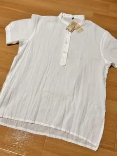 未使用　無印　スタンドカラー半袖シャツ　インド綿　L