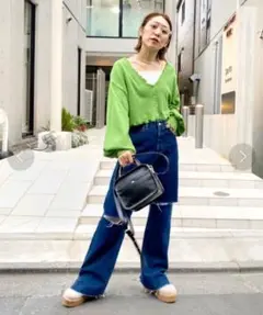 WWG フーズフー ギャラリー ワッフルダメージカーデ グリーン