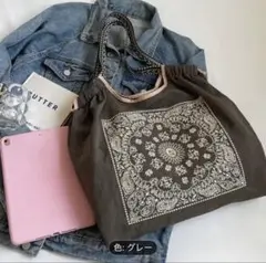 ✨柄刺繍　トート　 エコバッグ トートバッグ グレー ショルダーバッグ✨