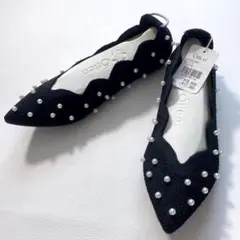 【新品タグ付き】Offen　パール付きフラットシューズ ニットパンプス 黒 37