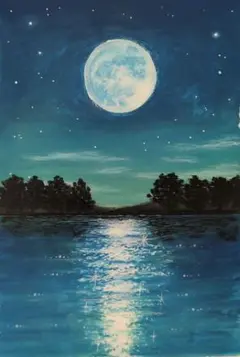 【原画：B6サイズ】　⚠訳あり　満月に照らされる湖面　オイルパステル画