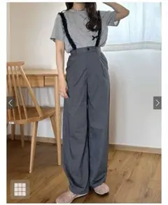 チュールフリルサスペンダー付きタックパンツ　　gn254 グレイル