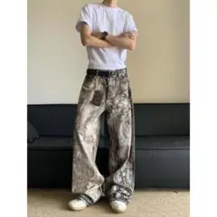 【Lサイズ】リアルツリー柄 カモ柄 ワイドパンツ デニム