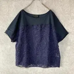 【UNTITLED】アンタイトル（2）花柄レースカットソー＊切り替え＊半袖＊紺