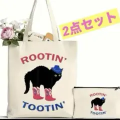 おしゃれ黒猫プリント　2点セット　おしゃれキャンパスバック&ポーチクロネコ　新品