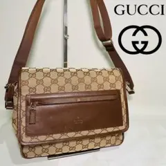 【人気】GUCCIグッチ GGキャンバス ショルダーバッグ レザー ブラウン