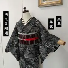 美品 洗える着物 単衣 縮緬 小紋 白黒 四季花 プレタ 大正ロマン 風にも