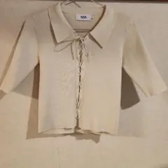 AZUL ベージュ リブ編み 五分袖 Tシャツ
