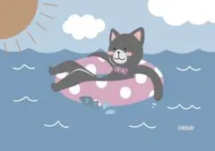 海に浮かぶ黒猫　イラスト　A4サイズ