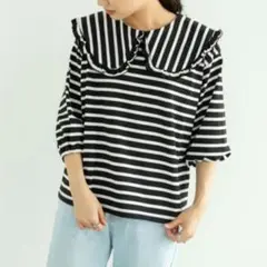 【レイカズンフェバリ】新品 ビッグカラーボーダーTシャツ 七分袖 フリーサイズ