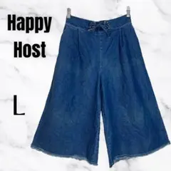 【happy host】レースアップデニムワイドパンツ　ウエストゴム　カットオフ