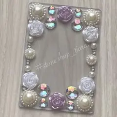 B8【薔薇＊ビジュー＊パール】硬質ケース♡デコ♡パープル・ホワイト系