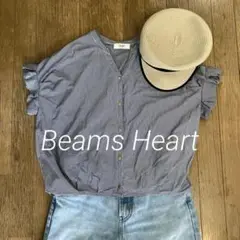 BEAMS スキッパーネックブラウス　ストライプ半袖　フリル　シャツ 美品