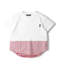 新品✴︎ムージョンジョン　チェック・ストライプ柄切替半袖Tシャツ　120