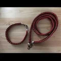 ハンドメイド　犬用　リード　首輪セット 赤×カーキ