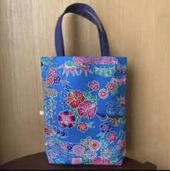 ハンドメイド　ミニバッグ　和柄　花柄　紅型柄　ハイビスカス　水色