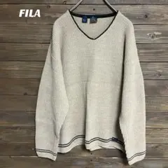 ♦︎【フィラ】FILA ベージュ Vネック セーター ニット L