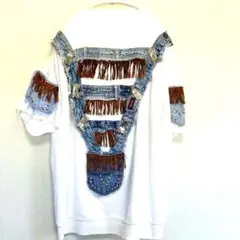 【USED 古着】フリンジ付きデニムパッチワークTシャツ　90s 原宿