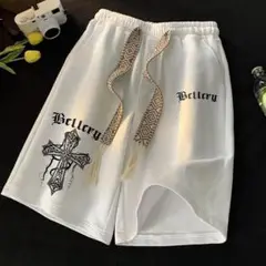 【数量限定】メンズ　ハーフパンツ 韓国　ストリート　ロゴ　XL　白