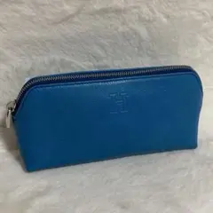 極美品 ヒロフ レザー ポーチ Hロゴ ターコイズブルー ペンケース
