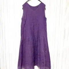 【シビラ】VネックフレアワンピースM ノースリーブ麻リネン 紫 ピンタック