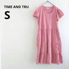 海外古着 TIMEANDTRU ピンク 半袖 ひざ丈 ワンピース S 無地