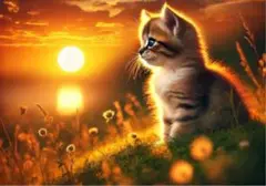 夕日と猫のリアル絵画