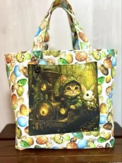 トートバッグパネル生地　猫ファンタジーたまごＡ　とけいチャーム
